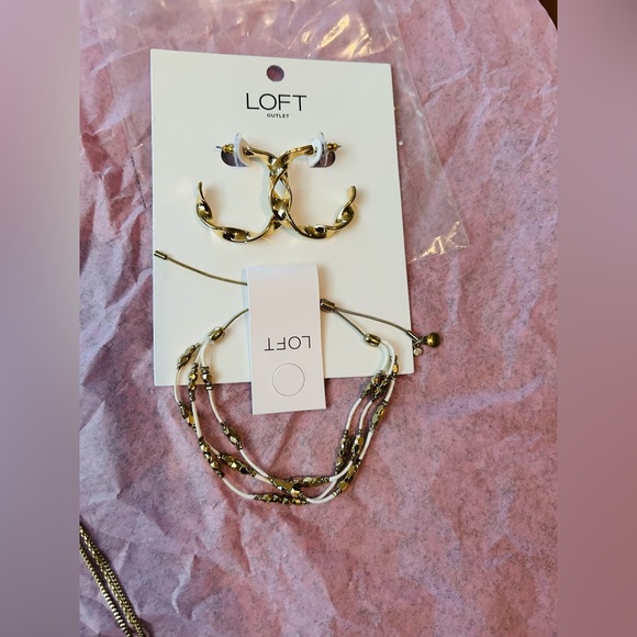 LOFT Gold Jewelry Set, Multi Layered Necklace, Hoop Earrings, & Beaded Bracelet - Picture 4 of 16